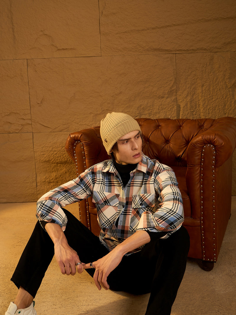 Cream Cotton Checked Oversized Shacket