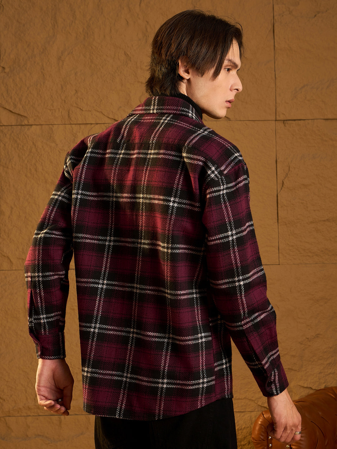 Double Pocket Drop Shoulder Oversized Cotton Checked Shacket