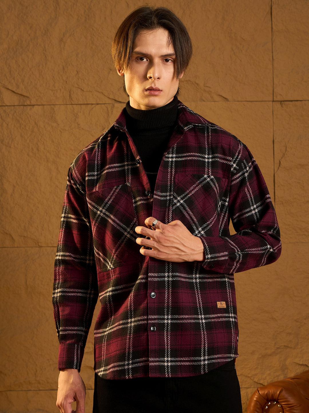 Double Pocket Drop Shoulder Oversized Cotton Checked Shacket