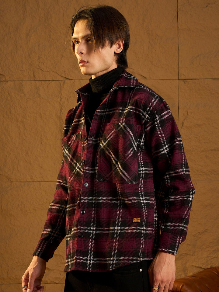 Double Pocket Drop Shoulder Oversized Cotton Checked Shacket