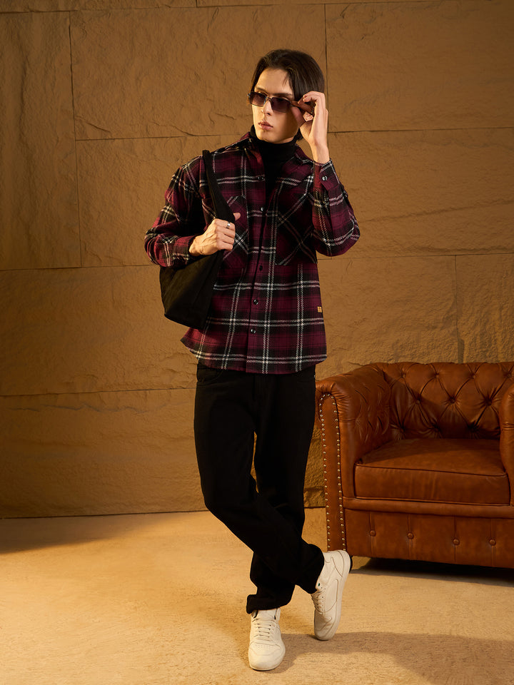 Double Pocket Drop Shoulder Oversized Cotton Checked Shacket