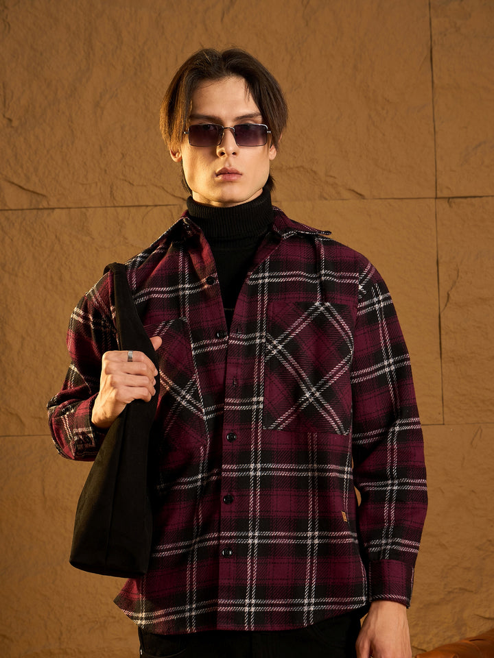 Double Pocket Drop Shoulder Oversized Cotton Checked Shacket