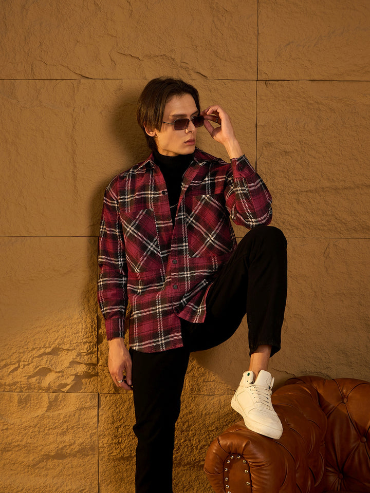 Double Pocket Drop Shoulder Oversized Cotton Checked Shacket