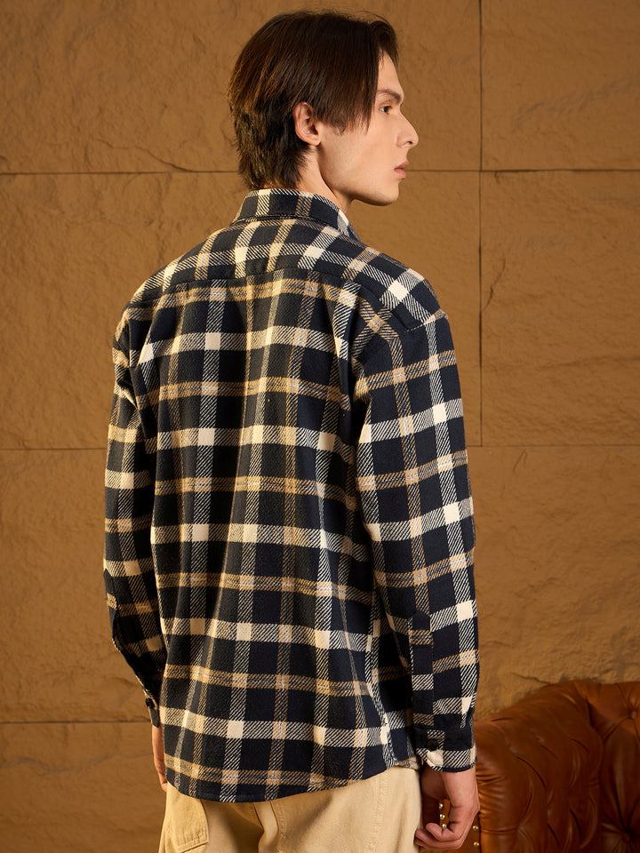 Double Pocket Drop Shoulder Oversized Cotton Checked Shacket