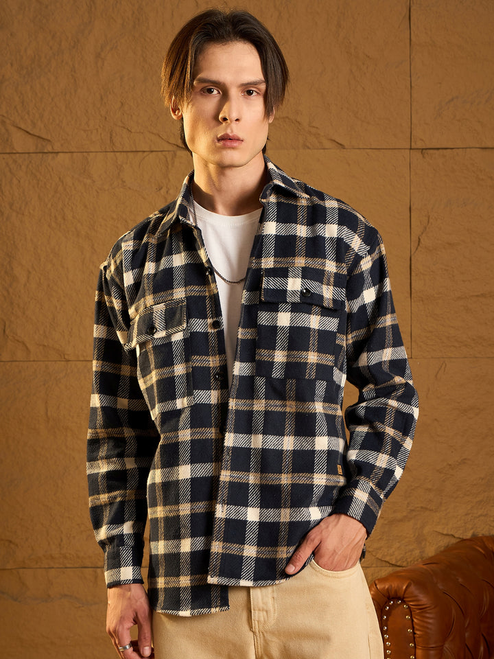 Double Pocket Drop Shoulder Oversized Cotton Checked Shacket