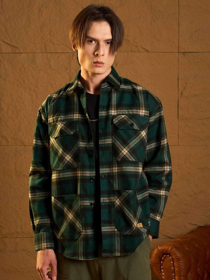 Four Pocket Drop Shoulder Oversized Cotton Checked Shacket