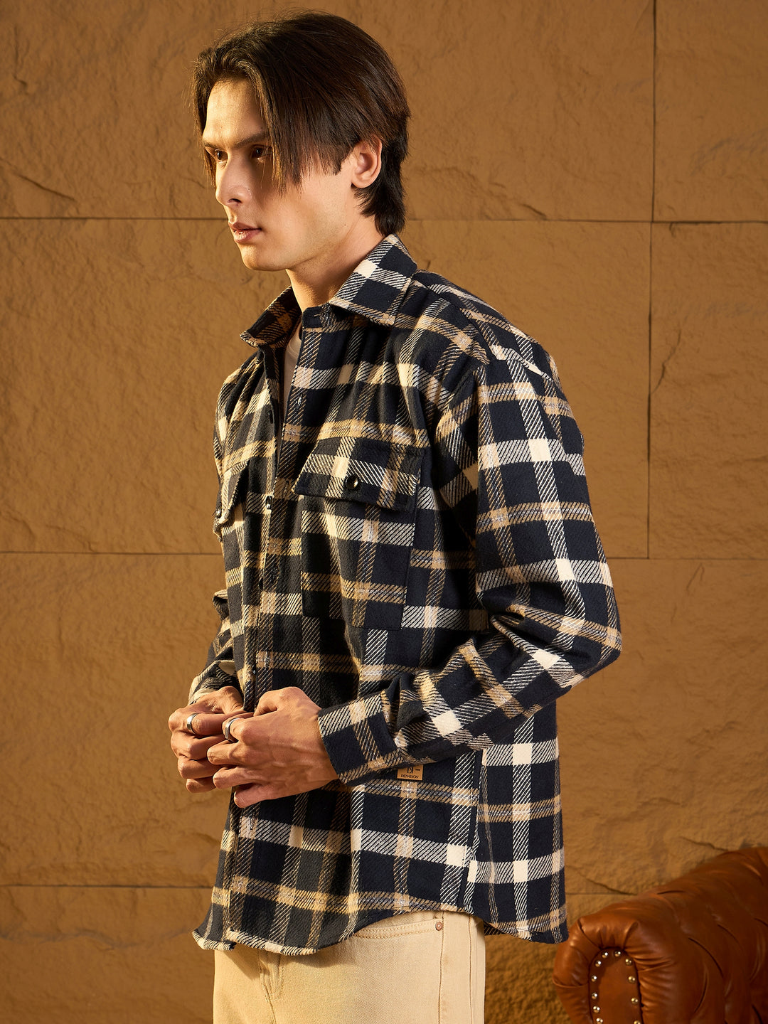 Double Pocket Drop Shoulder Oversized Cotton Checked Shacket