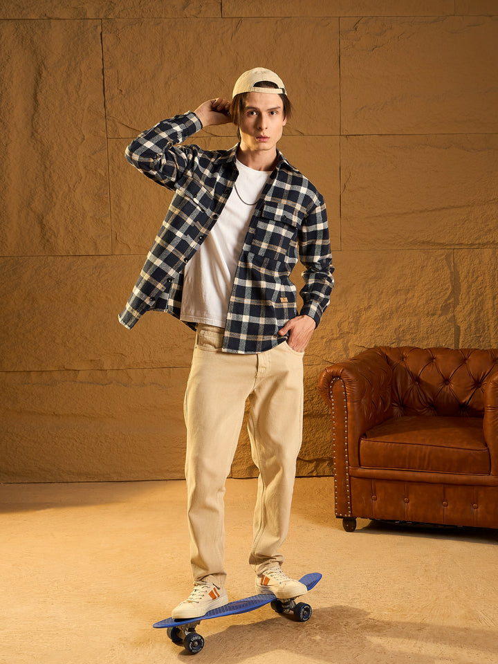 Double Pocket Drop Shoulder Oversized Cotton Checked Shacket