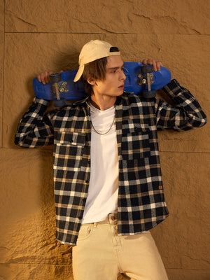 Navy blue & cream checked shacket front view