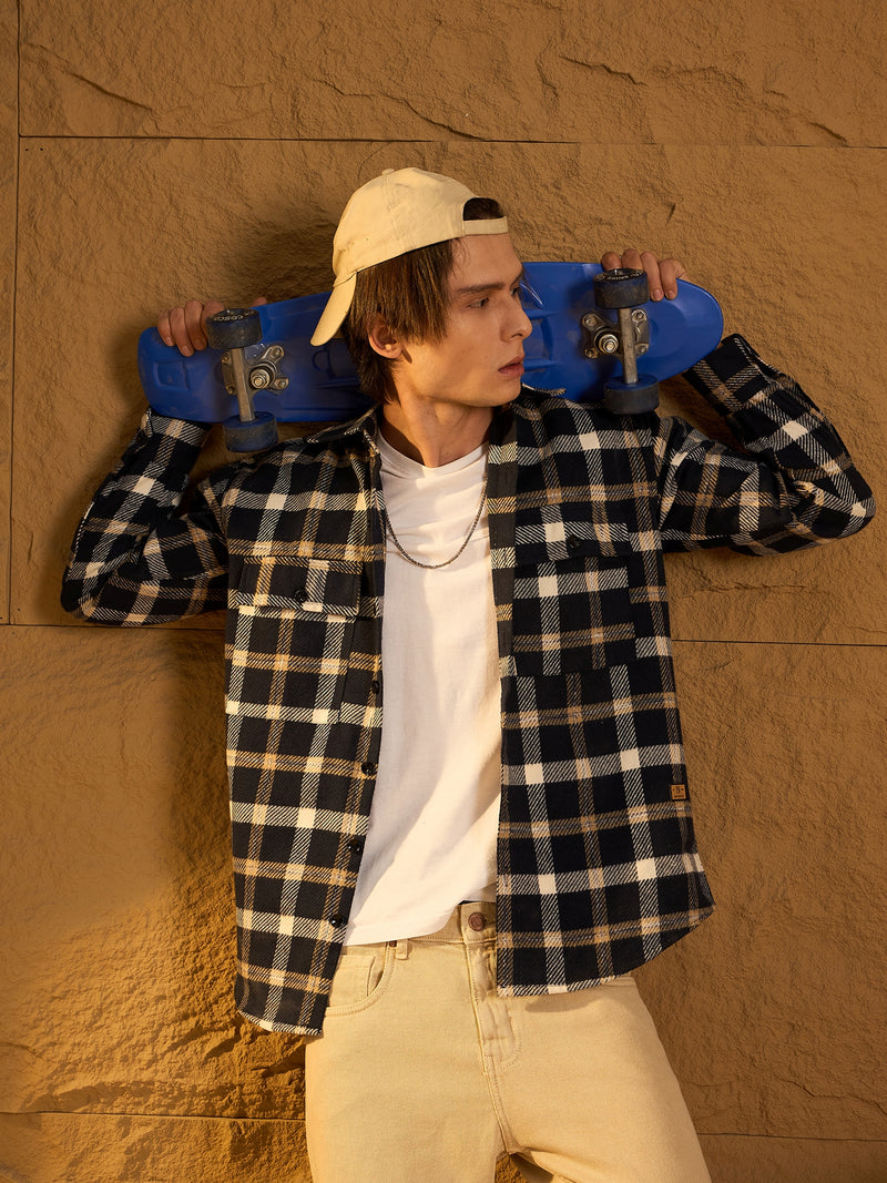 Double Pocket Drop Shoulder Oversized Cotton Checked Shacket