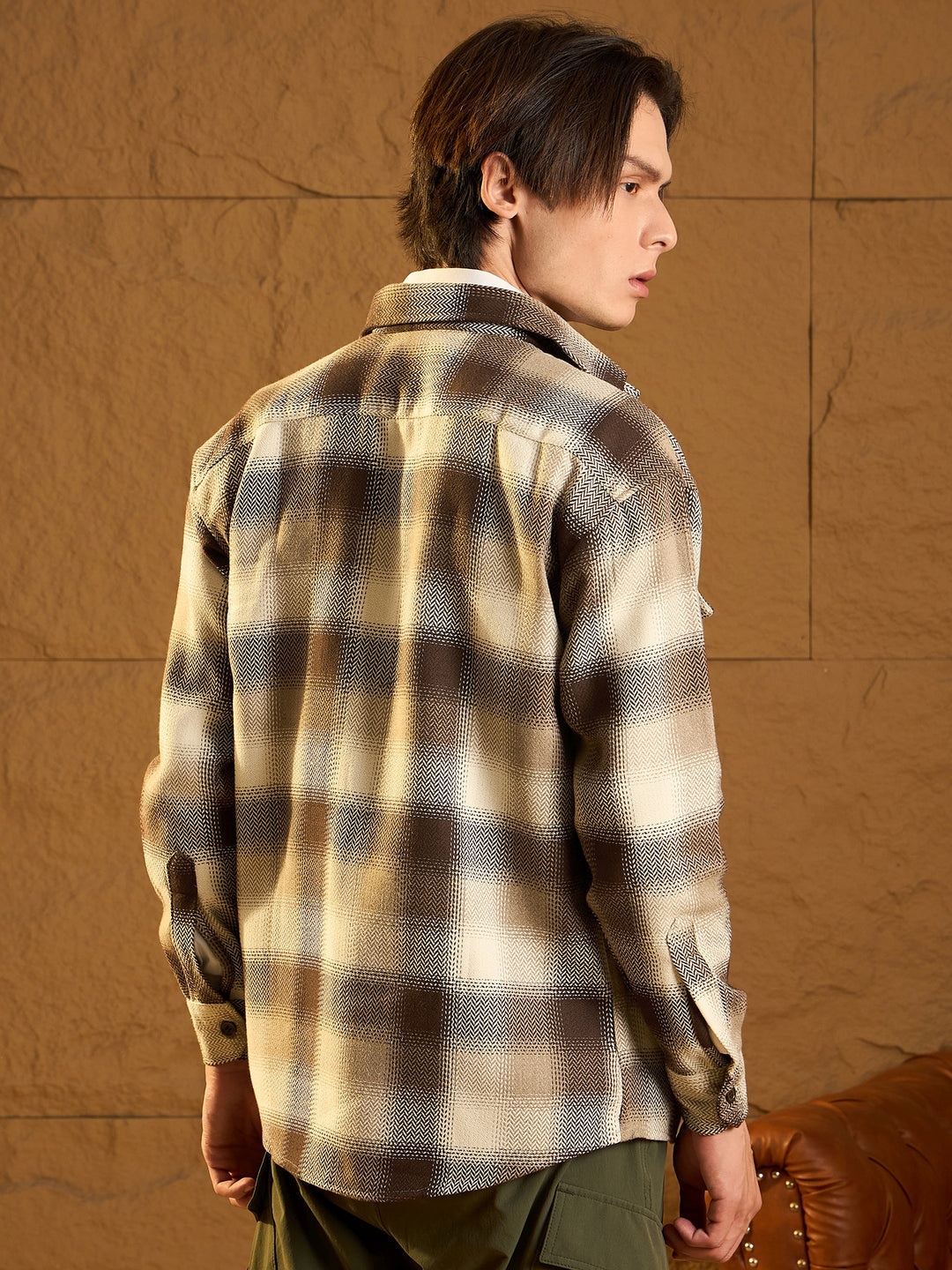 Double Pocket Drop Shoulder Oversized Cotton Checked Shacket