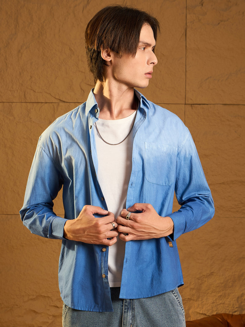 Blue: Full Sleeves Oversized Ombre Shirt