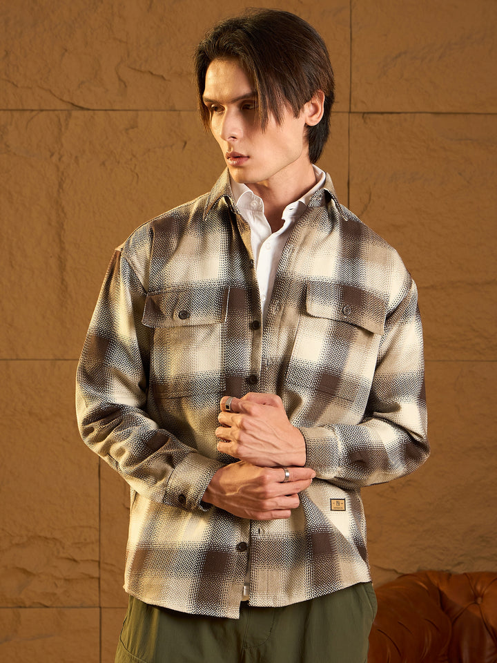 Double Pocket Drop Shoulder Oversized Cotton Checked Shacket