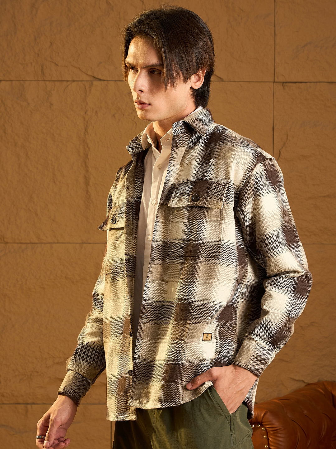 Double Pocket Drop Shoulder Oversized Cotton Checked Shacket