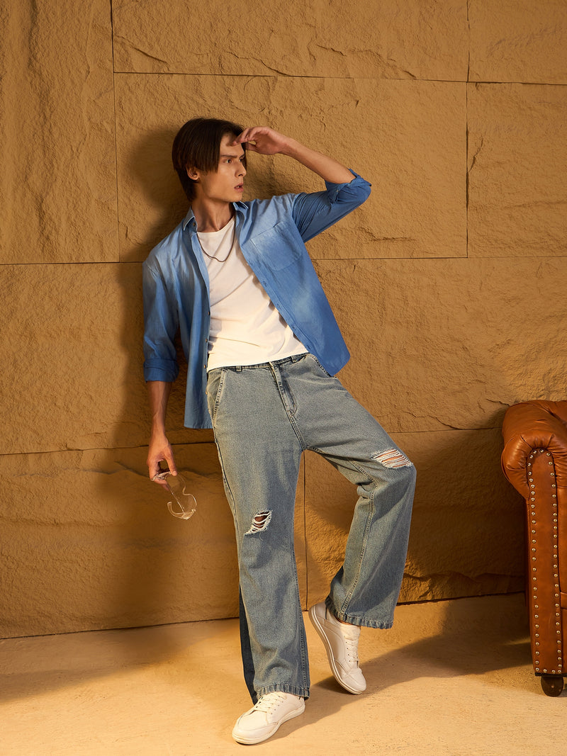Blue: Full Sleeves Oversized Ombre Shirt