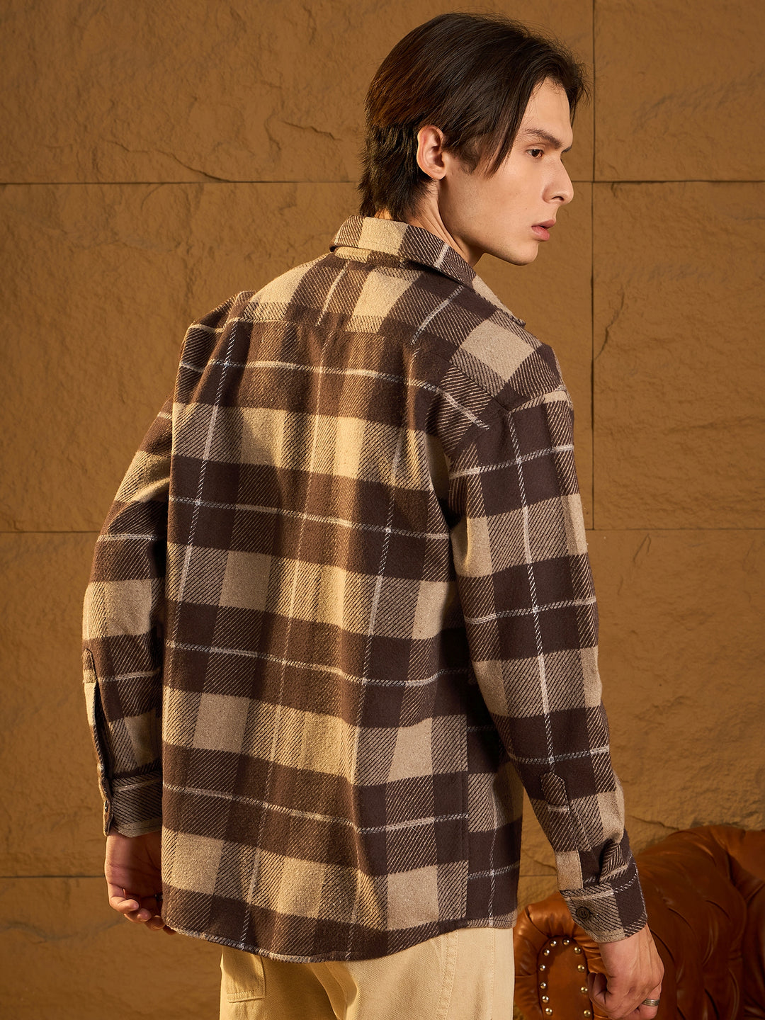 Double Pocket Drop Shoulder Oversized Cotton Checked Shacket