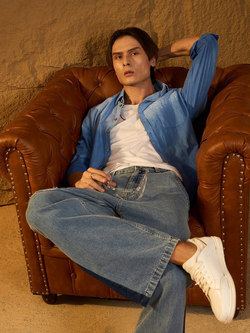 Blue: Full Sleeves Oversized Ombre Shirt