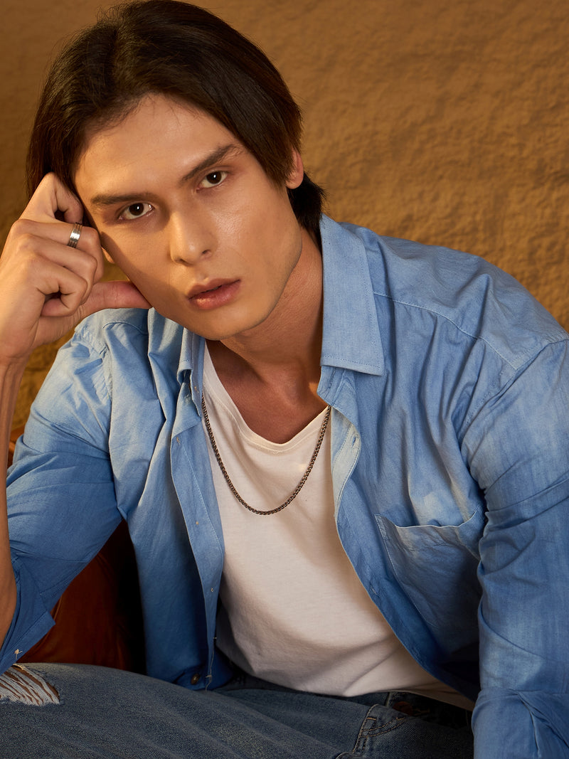 Blue: Full Sleeves Oversized Ombre Shirt