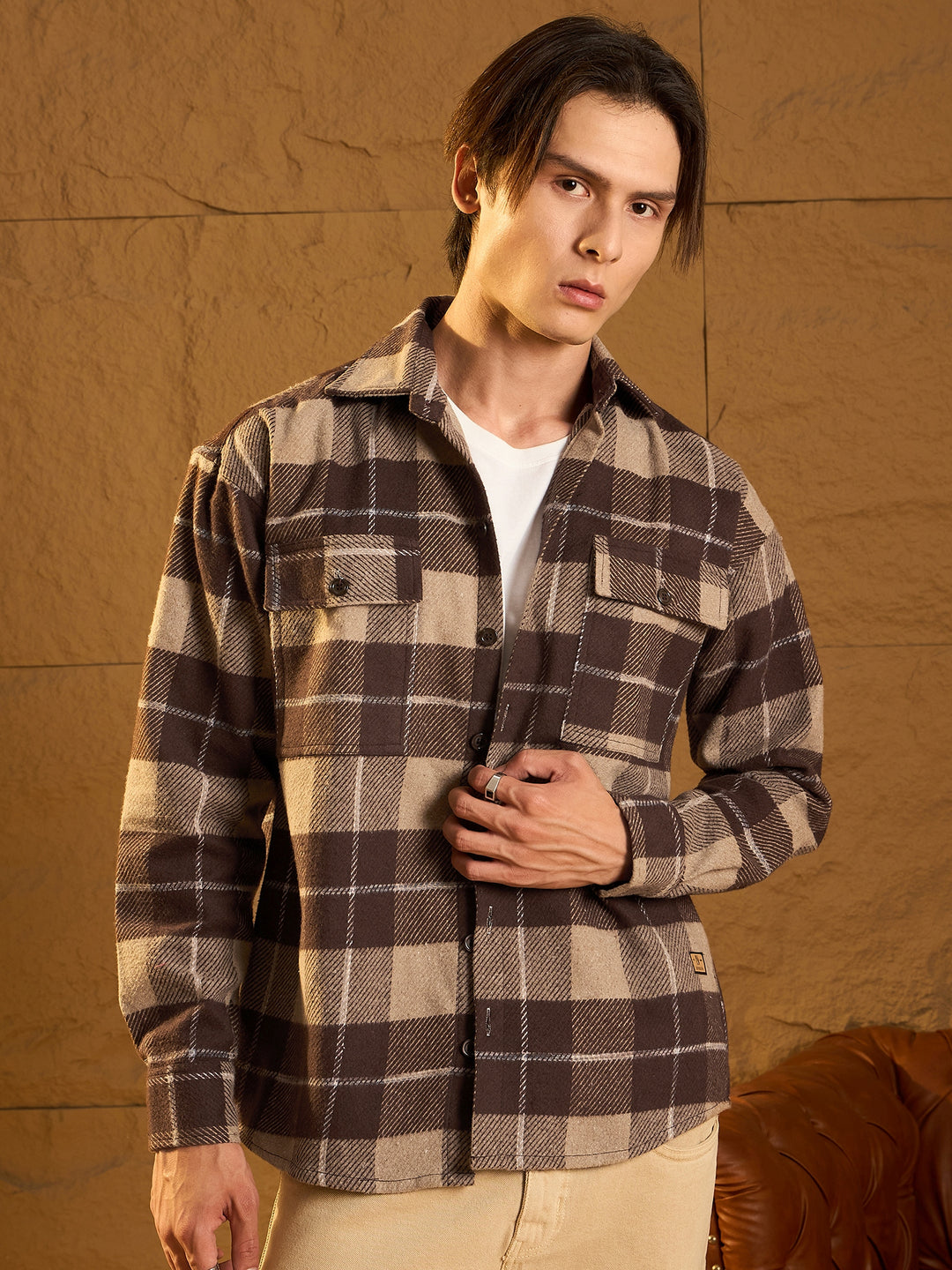 Double Pocket Drop Shoulder Oversized Cotton Checked Shacket