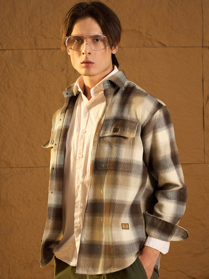 Double Pocket Drop Shoulder Oversized Cotton Checked Shacket