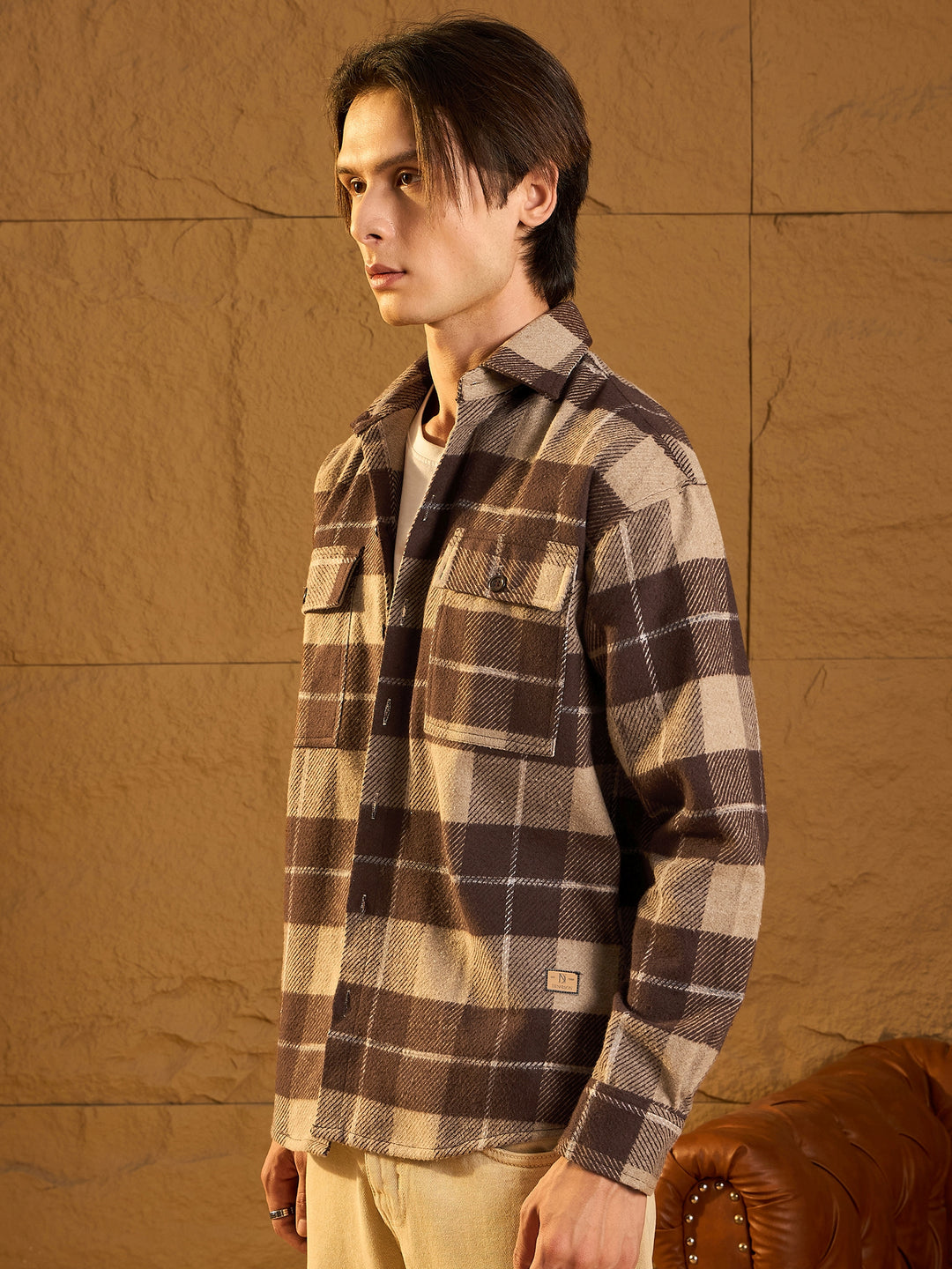 Double Pocket Drop Shoulder Oversized Cotton Checked Shacket