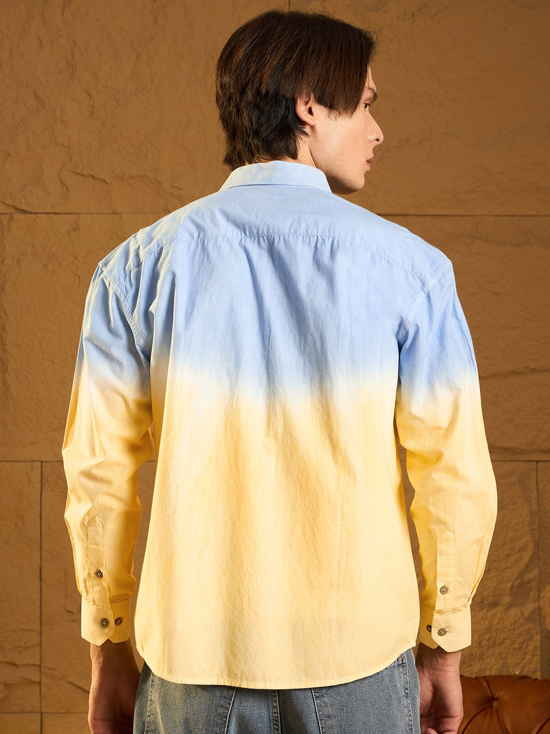 Sky Blue & yellow: Full Sleeves Oversized Ombre Shirt