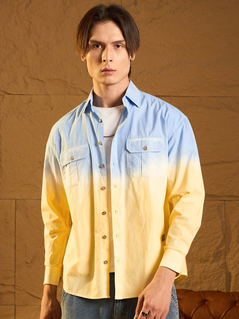 Sky Blue & yellow: Full Sleeves Oversized Ombre Shirt
