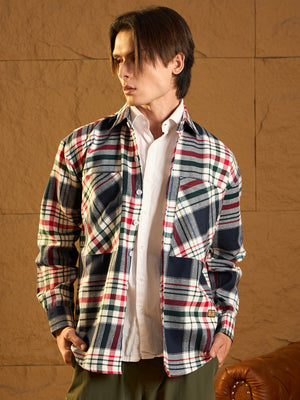 Navy blue cotton oversized shacket front view