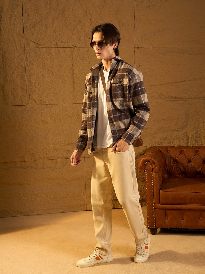 Double Pocket Drop Shoulder Oversized Cotton Checked Shacket