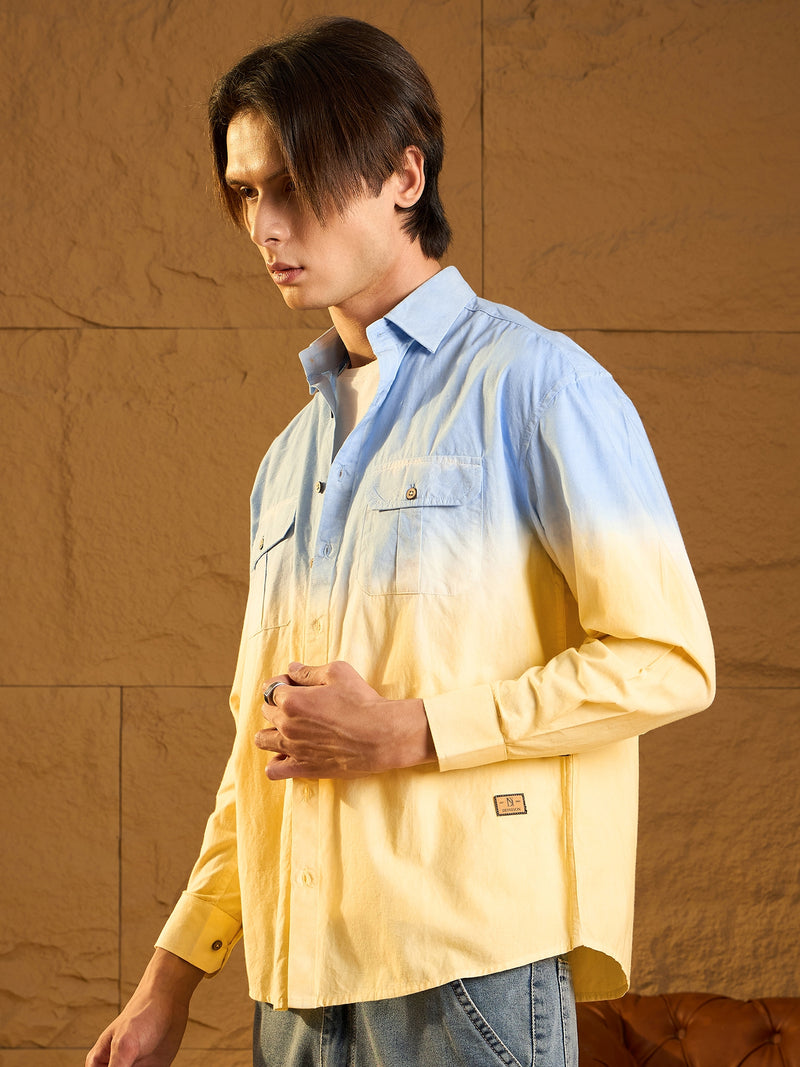 Sky Blue & yellow: Full Sleeves Oversized Ombre Shirt
