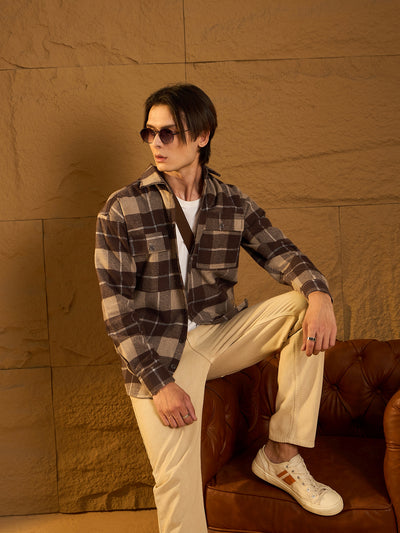 Brown double pocket oversized checked shacket front view