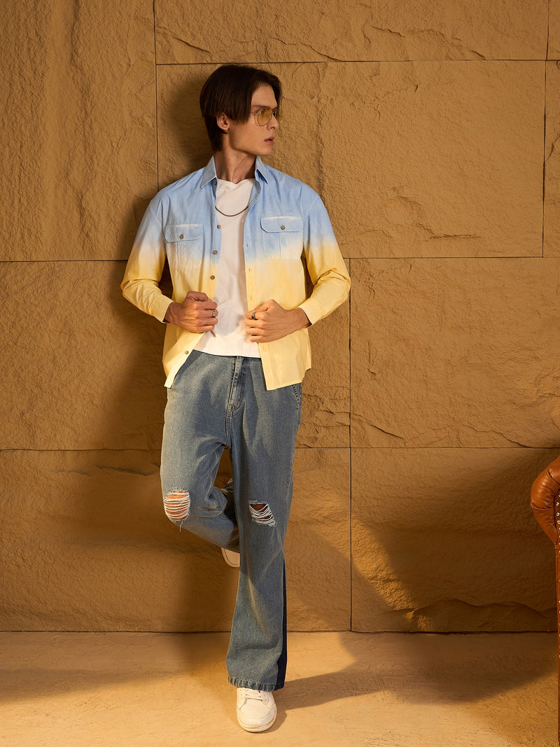 Sky Blue & yellow: Full Sleeves Oversized Ombre Shirt