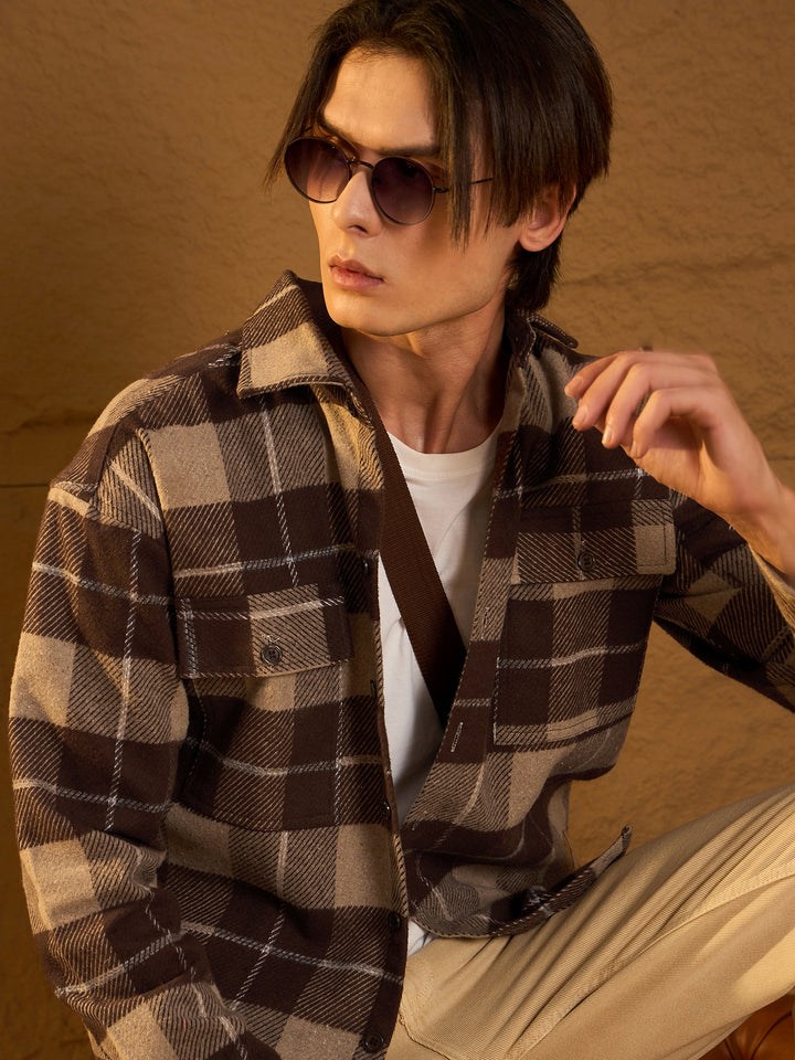 Double Pocket Drop Shoulder Oversized Cotton Checked Shacket