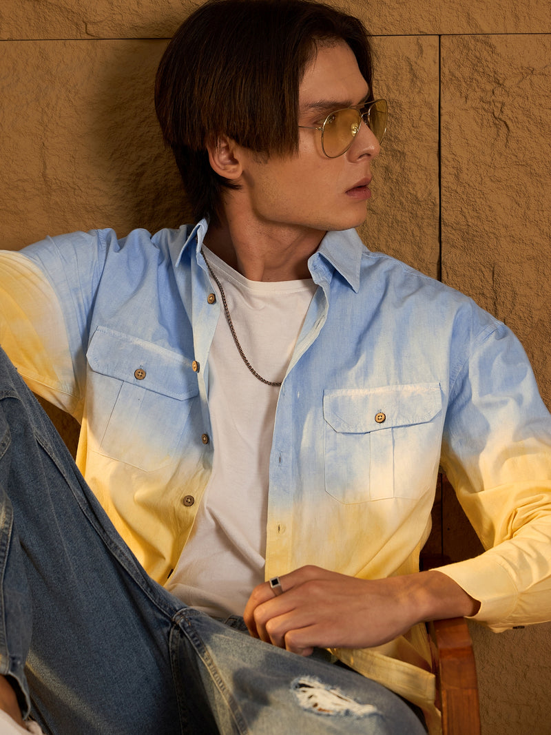 Sky Blue & yellow: Full Sleeves Oversized Ombre Shirt