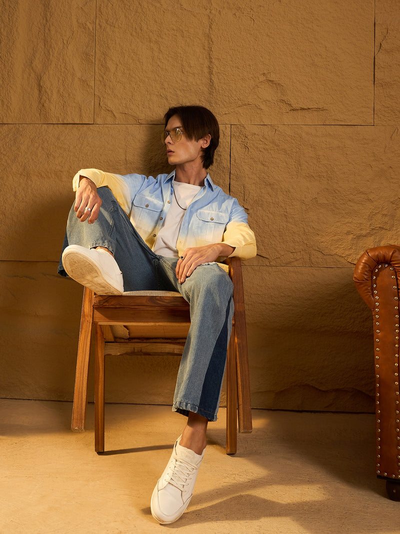 Sky Blue & yellow: Full Sleeves Oversized Ombre Shirt