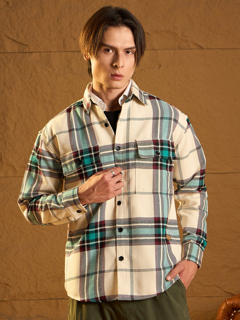 Cream & Blue: Checked Oversized Cotton Shacket