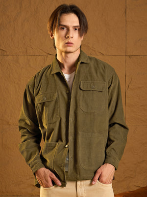 Olive green corduroy oversized shacket front view