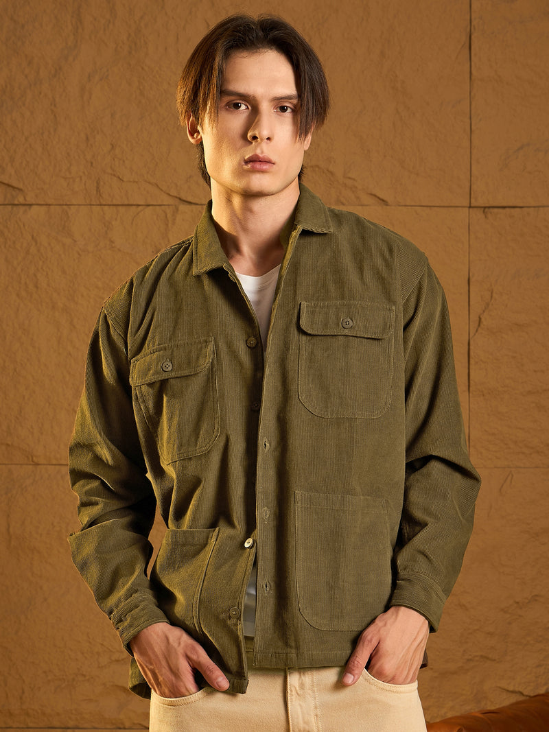 Olive Green Corduroy Oversized Shacket