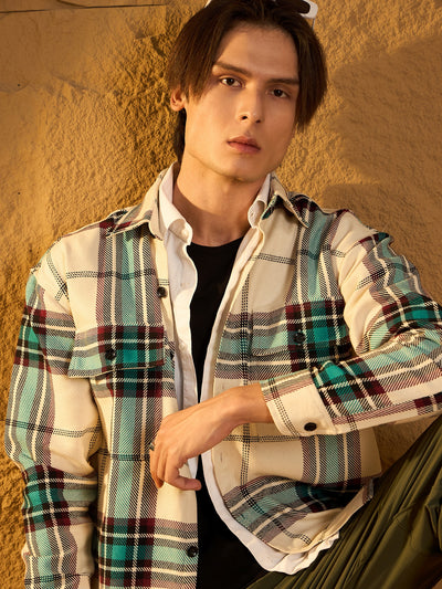 Cream & Blue: Checked Oversized Cotton Shacket