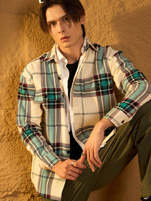 Cream & blue oversized checked shacket front view