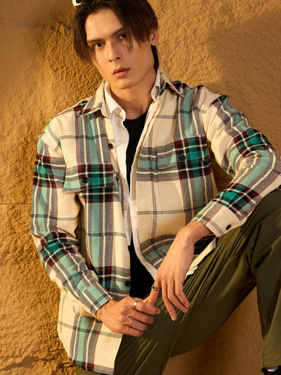 Cream & blue oversized checked shacket front view