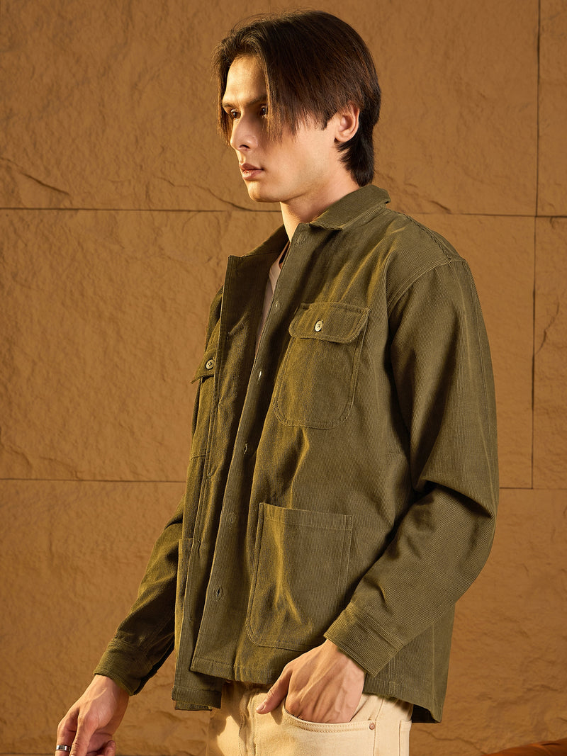 Olive Green Corduroy Oversized Shacket
