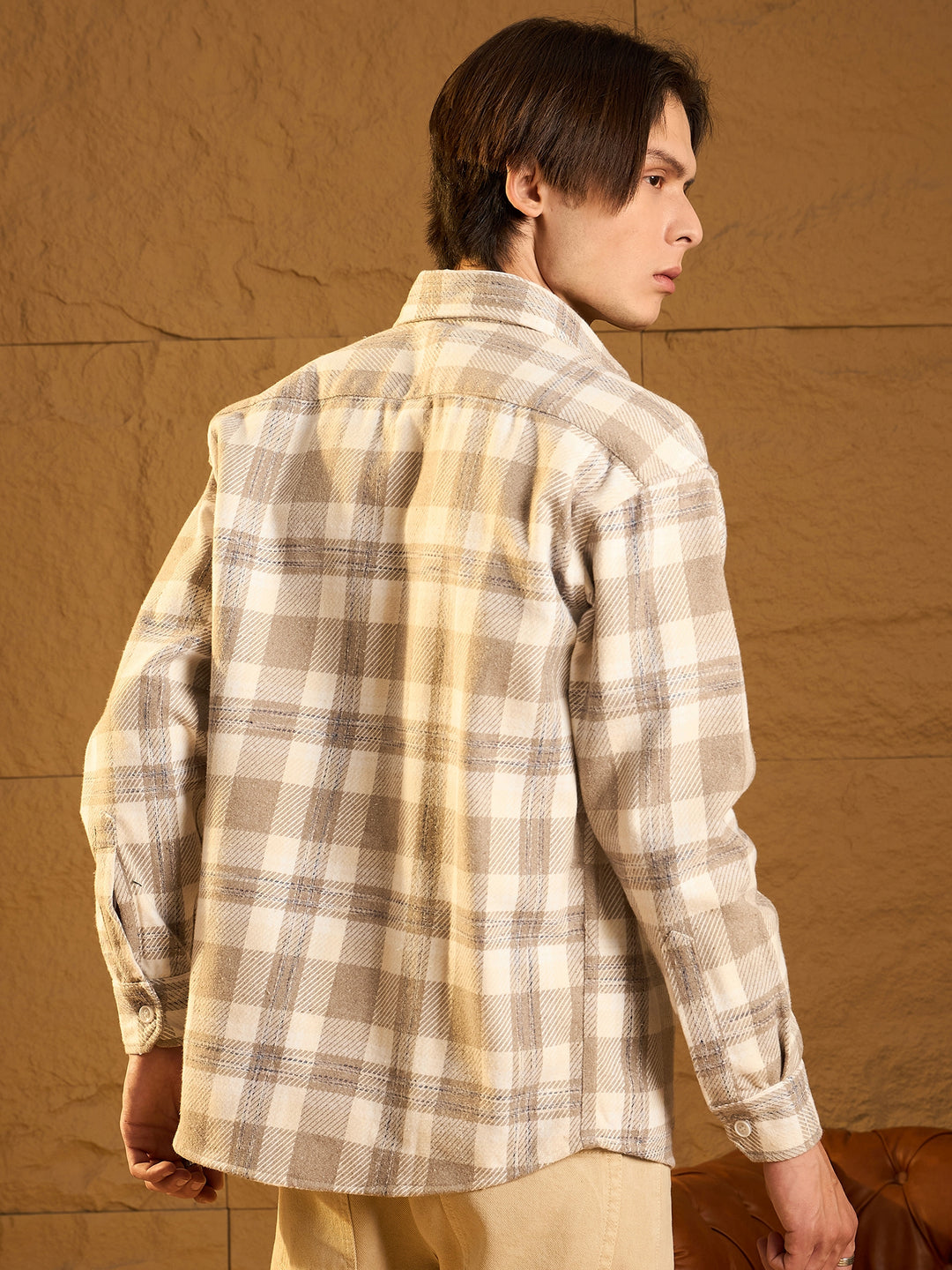 Double Pocket Drop Shoulder Oversized Cotton Checked Shacket