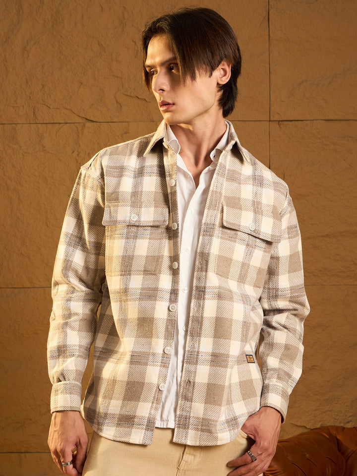 Double Pocket Drop Shoulder Oversized Cotton Checked Shacket