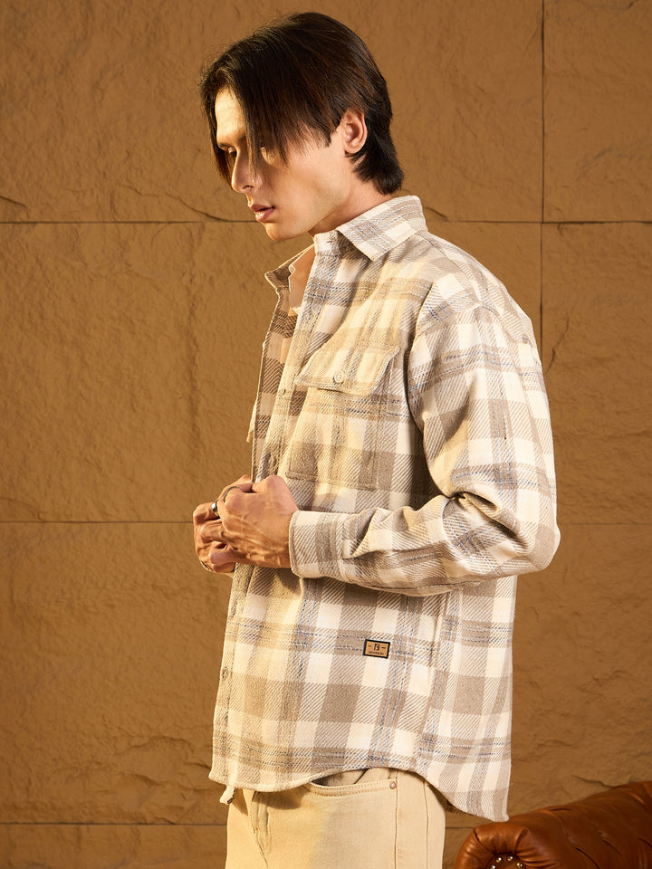 Double Pocket Drop Shoulder Oversized Cotton Checked Shacket