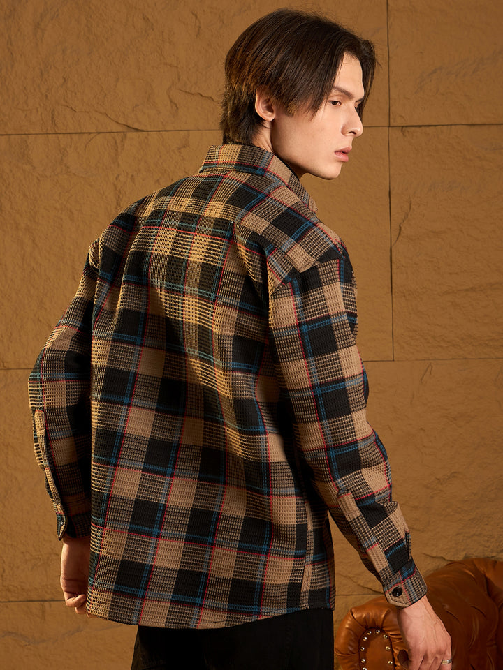 Double Pocket Drop Shoulder Oversized Cotton Checked Shacket