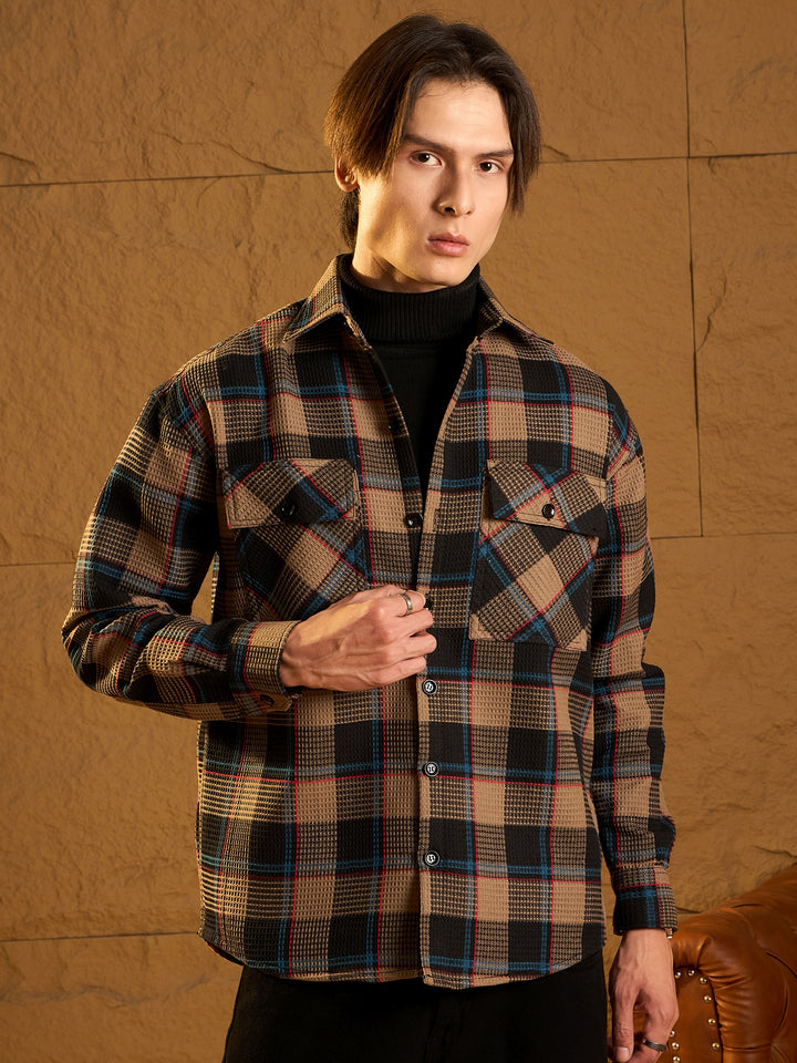 Double Pocket Drop Shoulder Oversized Cotton Checked Shacket