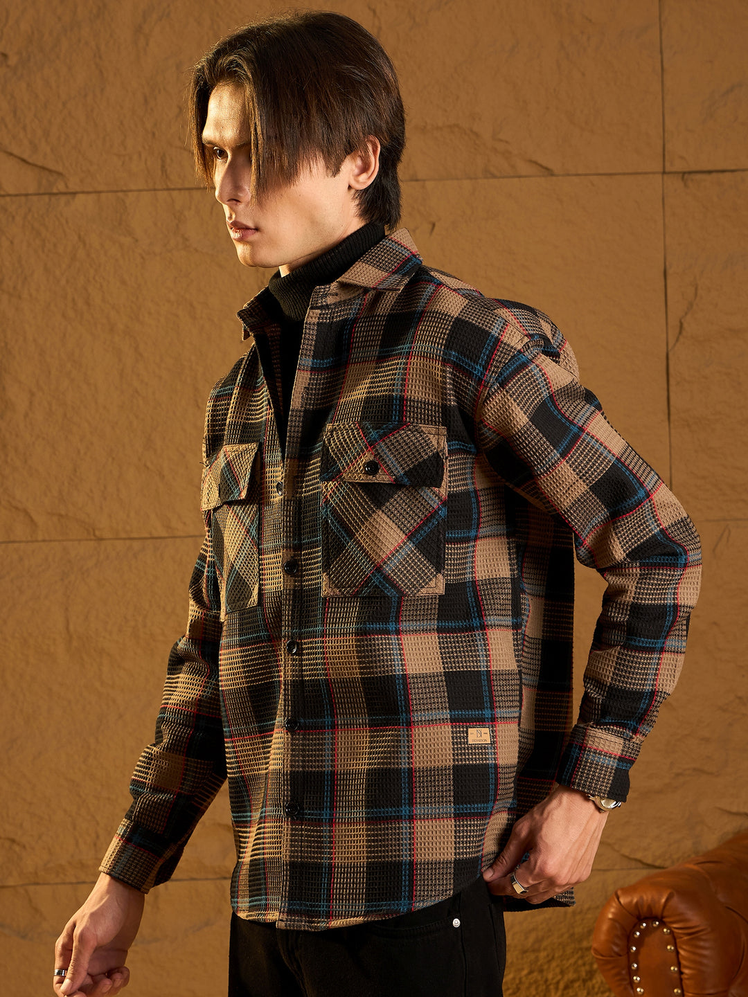 Double Pocket Drop Shoulder Oversized Cotton Checked Shacket