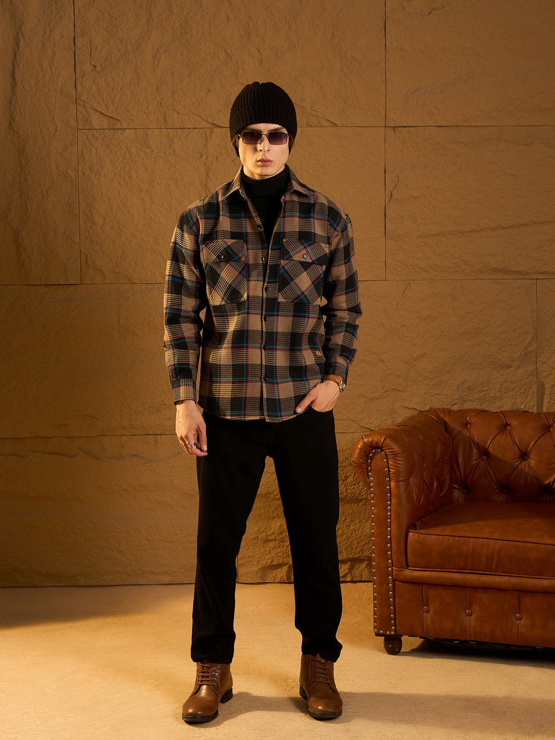 Double Pocket Drop Shoulder Oversized Cotton Checked Shacket