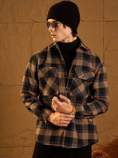 Brown & black oversized cotton checked shacket front view